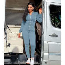 Solid Sports Hooded Zipper Two Piece Pants Set XMF-082