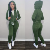 Solid Sports Hooded Zipper Thick 2 Piece Pants Set FSL-F179