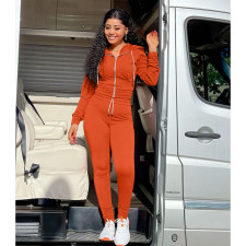Solid Sports Hooded Zipper Two Piece Pants Set XMF-082