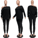 Solid Slash Neck Long Sleeve 2 Piece Suits BLX-8231