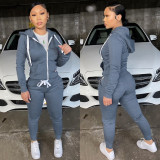 Solid Sports Hooded Zipper Thick 2 Piece Pants Set FSL-F179