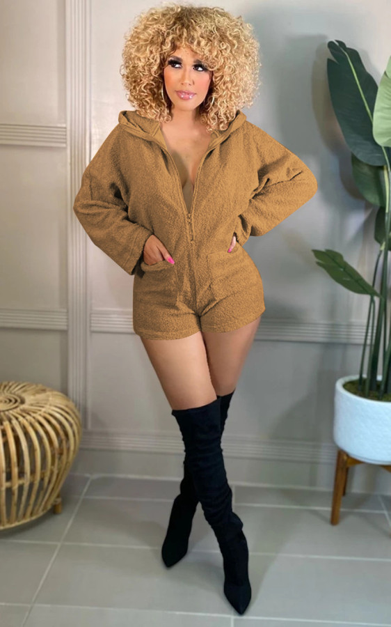 Casual Hooded Long Sleeve Zipper Romper MEM-88397