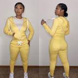 Solid Sports Hooded Zipper Thick 2 Piece Pants Set FSL-F179