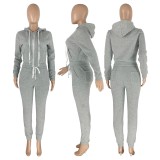 Solid Sports Hooded Zipper Thick 2 Piece Pants Set FSL-F179