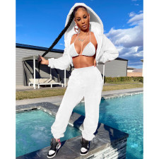 Solid Fluff Hooded Zipper Coat+Bra Top+Pants 3 Piece Sets IV-8264