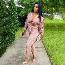 Plus Size Printed Blouse Top And Pants 2 Piece Sets HNIF-009