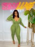Solid Ribbed Long Sleeve Sashes Jumpsuit ZDF-31171
