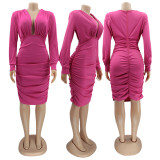 Sexy Solid V Neck Long Sleeve Bodycon Dress HNIF-016