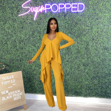 Solid V Neck Irregular Long Sleeve 2 Piece Pants Set MXDF-6065