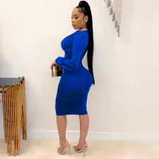 Sexy Solid V Neck Long Sleeve Bodycon Dress HNIF-016