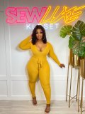 Solid Ribbed Long Sleeve Sashes Jumpsuit ZDF-31171