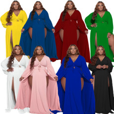 Plus Size Solid V Neck Drawstring High Split Maxi Dress HNIF-001