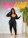 Solid Ribbed Long Sleeve Sashes Jumpsuit ZDF-31171
