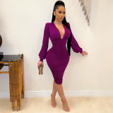 Sexy Solid V Neck Long Sleeve Bodycon Dress HNIF-016