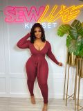 Solid Ribbed Long Sleeve Sashes Jumpsuit ZDF-31171