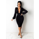 Sexy Solid V Neck Long Sleeve Bodycon Dress HNIF-016