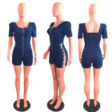 Denim Short Sleeve Chain Zipper Bodycon Romper LX-6920
