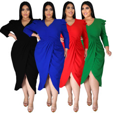 Plus Size Solid V Neck Long Sleeve Midi Dress NNWF-7359
