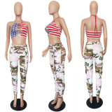 Camouflage Print Pocket Belted Long Pants LSL-6114
