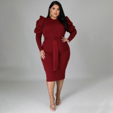 Plus Size Solid Puff Sleeve Sashes Slim Midi Dress NNWF-7370