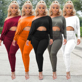 Solid Off Shoulder Ruched 2 Piece Pants Set QSF-51051