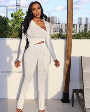 Solid Drawstring Long Sleeve Two Piece Pants Set XYF-9119