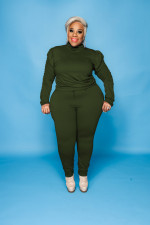 Plus Size Solid High Collar Long Sleeve 2 Piece Sets WY-7118
