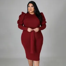 Plus Size Solid Puff Sleeve Sashes Slim Midi Dress NNWF-7370