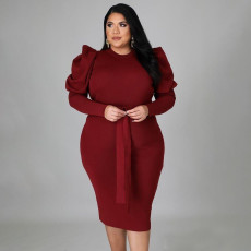 Plus Size Solid Puff Sleeve Sashes Slim Midi Dress NNWF-7370