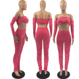Sexy Off Shoulder Long Sleeve Stacked Pants 2 Piece Sets FOSF-8107