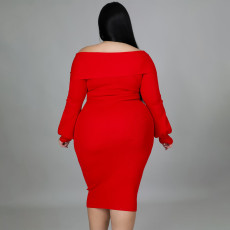 Plus Size Solid V Neck Long Sleeve Midi Dress NNWF-7371