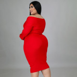 Plus Size Solid V Neck Long Sleeve Midi Dress NNWF-7371