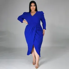 Plus Size Solid V Neck Long Sleeve Midi Dress NNWF-7359