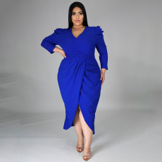 Plus Size Solid V Neck Long Sleeve Midi Dress NNWF-7359