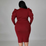 Plus Size Solid Puff Sleeve Sashes Slim Midi Dress NNWF-7370