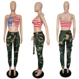 Camouflage Print Pocket Belted Long Pants LSL-6114