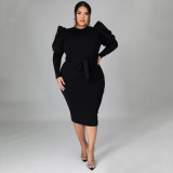 Plus Size Solid Puff Sleeve Sashes Slim Midi Dress NNWF-7370