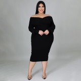 Plus Size Solid V Neck Long Sleeve Midi Dress NNWF-7371