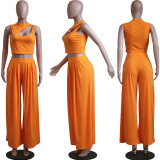 Plus Size Solid Sleeveless Wide Leg Pants 2 Piece Sets YS-8821