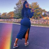 Solid Long Sleeve Crop Top Split Long Skirt 2 Piece Sets GLF-10063