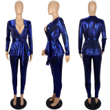 Shiny Deep V Top And Pants 2 Piece Sets With Belt LSL-6332