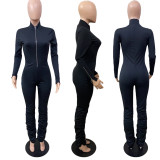 Solid Long Sleeve Zipper Stacked Jumpsuit LUO-6634