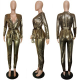 Shiny Deep V Top And Pants 2 Piece Sets With Belt LSL-6332