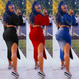 Solid Long Sleeve Crop Top Split Long Skirt 2 Piece Sets GLF-10063