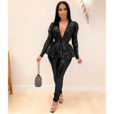 Shiny Deep V Top And Pants 2 Piece Sets With Belt LSL-6332