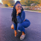 Solid Long Sleeve Crop Top Split Long Skirt 2 Piece Sets GLF-10063