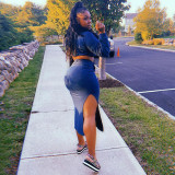 Solid Long Sleeve Crop Top Split Long Skirt 2 Piece Sets GLF-10063