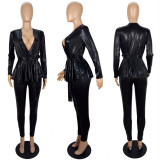 Shiny Deep V Top And Pants 2 Piece Sets With Belt LSL-6332