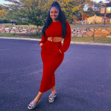 Solid Long Sleeve Crop Top Split Long Skirt 2 Piece Sets GLF-10063