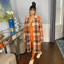 Casual Plaid Turndown Collar Long Woolen Coat SH-390225